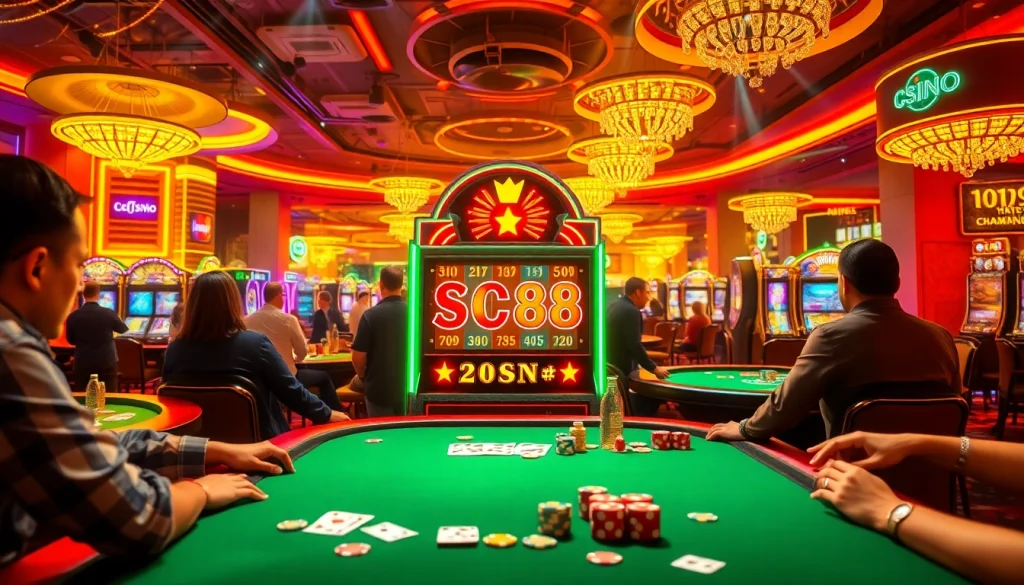 Experience the thrill of SC88 with players at a lively casino, showcasing vibrant slot machines and poker tables.